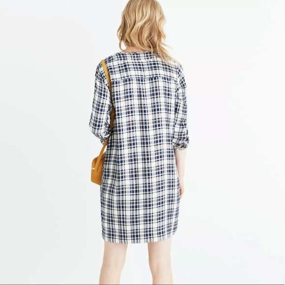 Madewell Navy Cream Plaid Artiste Tunic Dress with Tassels and Pockets - Picture 2 of 13